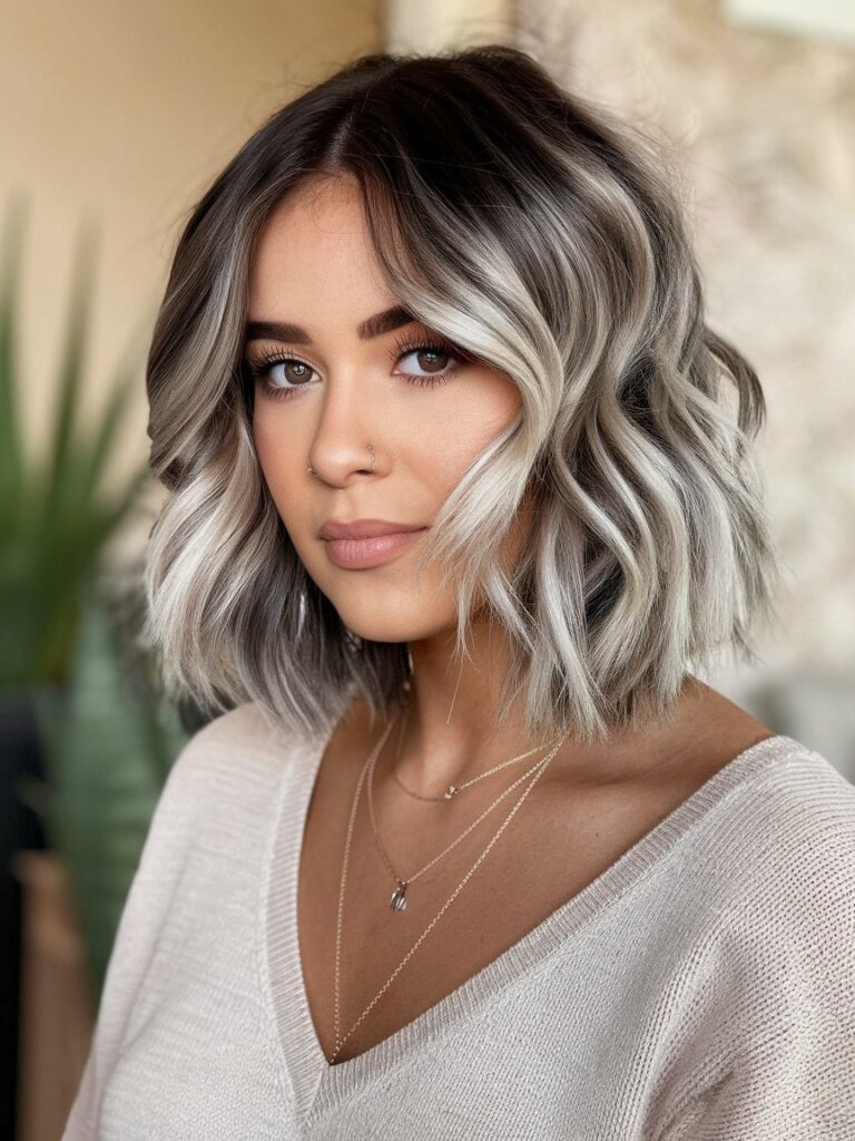 33. Wavy Lob with Platinum Highlights and Dark Base