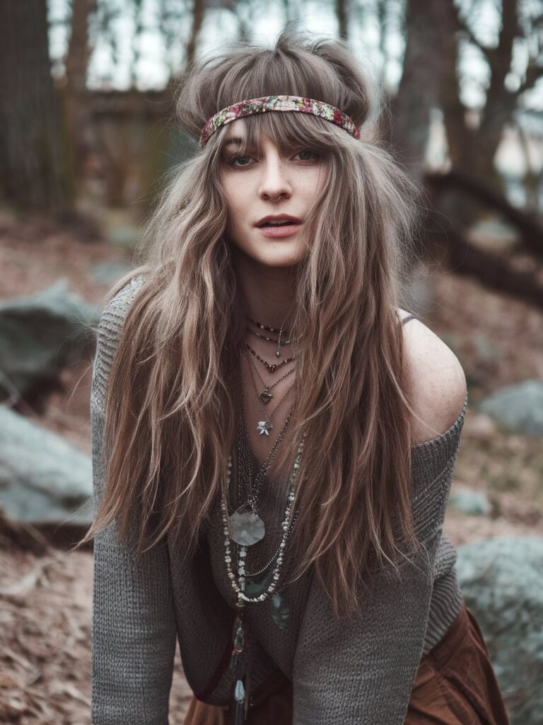 12. Boho Babe: Long Shag with Curtain Bangs