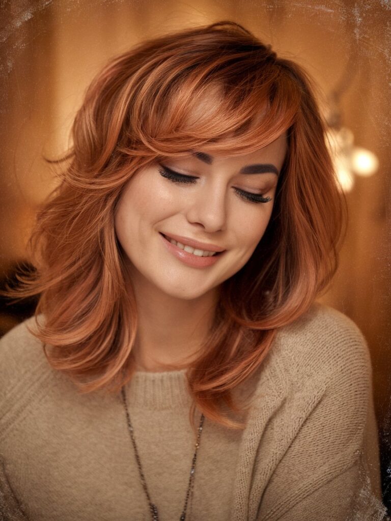 20. Autumn Warmth: Copper Layers with Soft Side Bangs