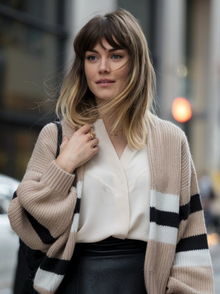 14. Effortless Cool: Lived-In Layers with Grown-Out Bangs