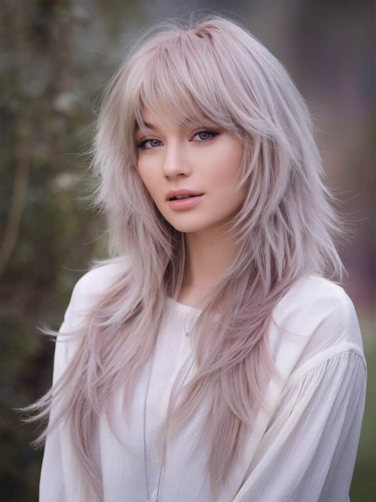 30. Ethereal Beauty: Pastel-Toned Layers with Wispy Bangs