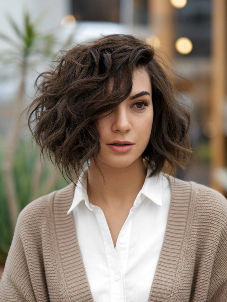 7. Loose Curly Bob with Deep Side Part