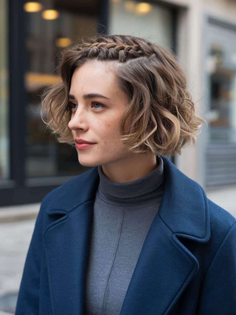 2. Short Curly Bob with Braid