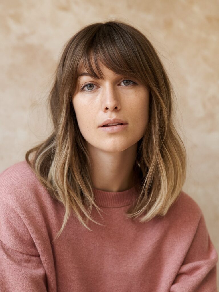 7. Blunt Bangs with Medium-Length Hair