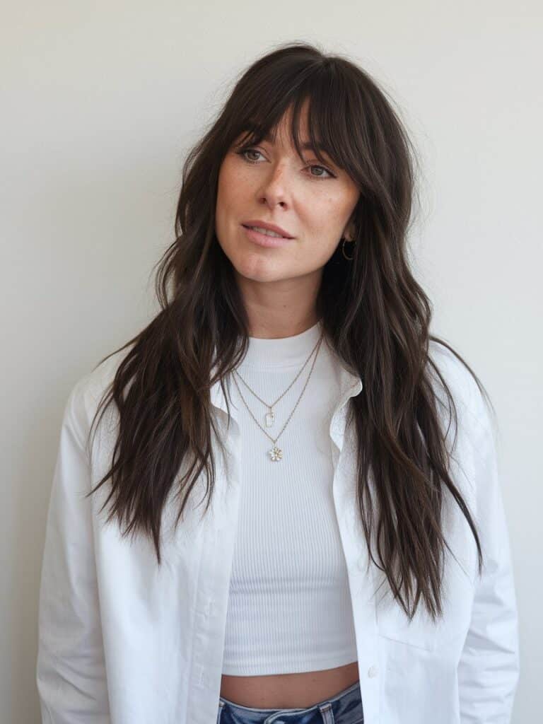 25. Effortless Elegance: Long Layers with Waterfall Bangs