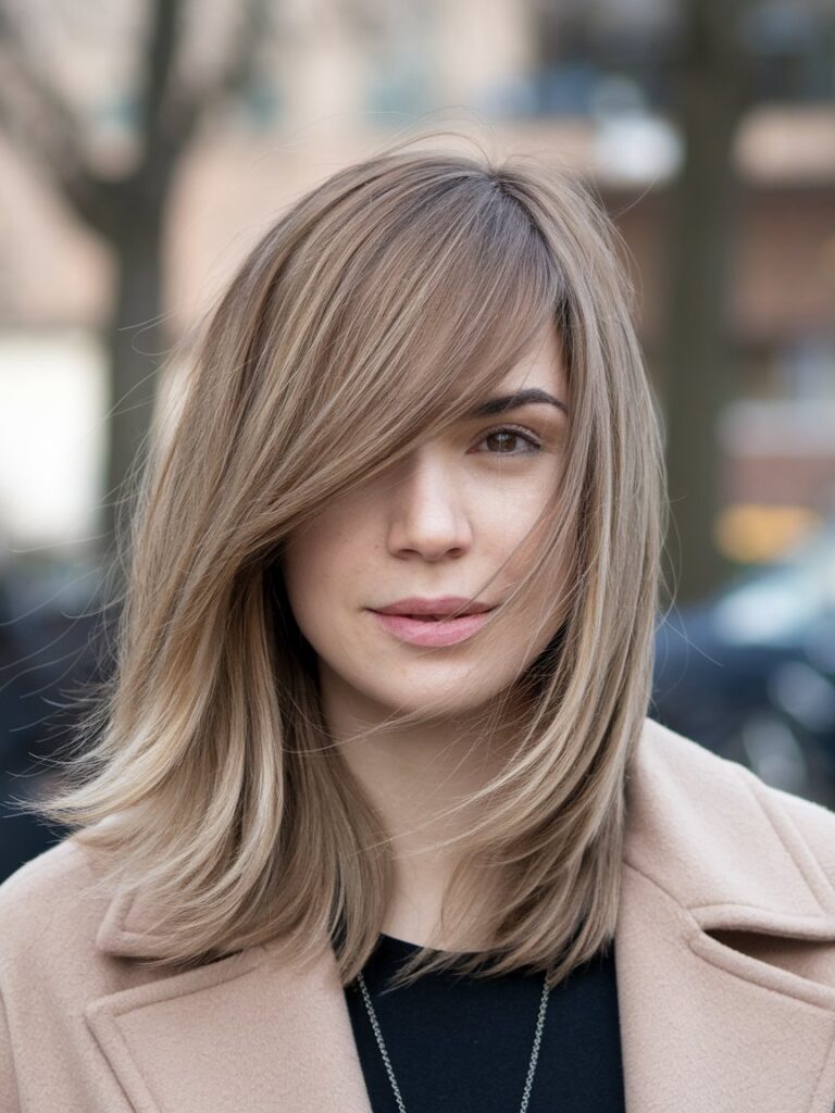 14. Side-Swept Bangs with Medium-Length Hair