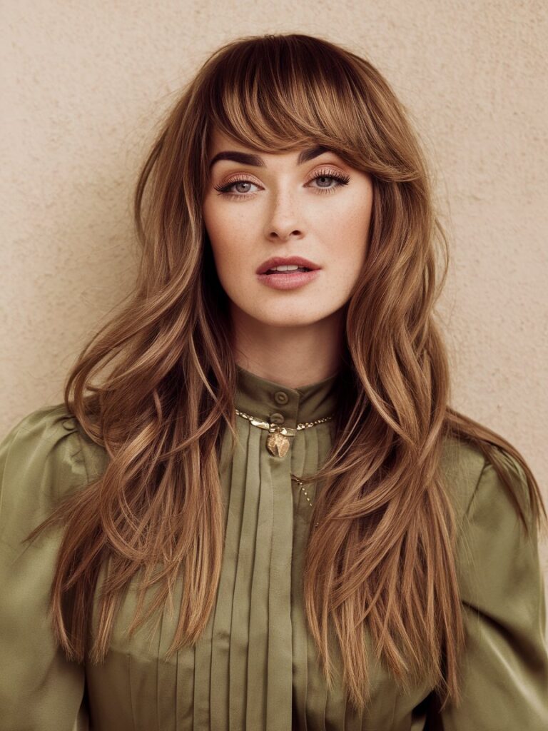 16. Retro Glam: 70s-Inspired Long Layers with Heavy Bangs