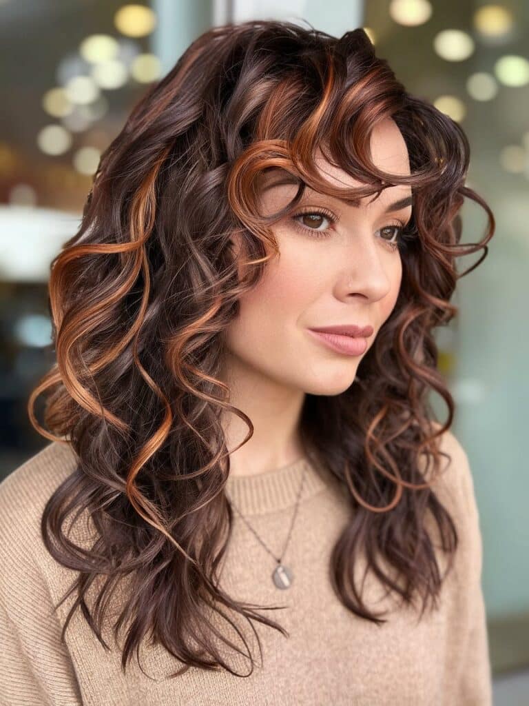 28. Midnight Brown Curls with Cinnamon Highlights