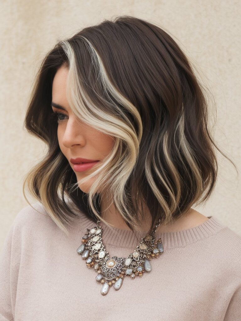 18. Dark Brown Bob with Face-Framing Blonde Highlights