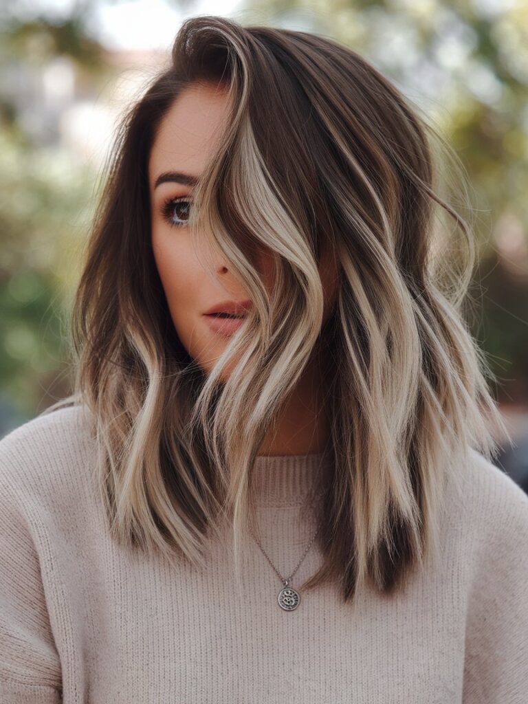 22. Tousled Espresso Waves with Ash Blonde Hints