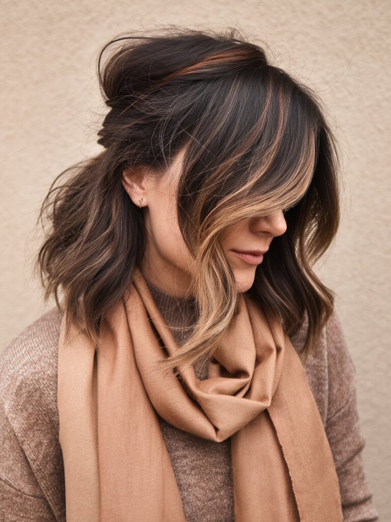 24.Asymmetrical Dark Brown Lob with Warm Toffee Streaks