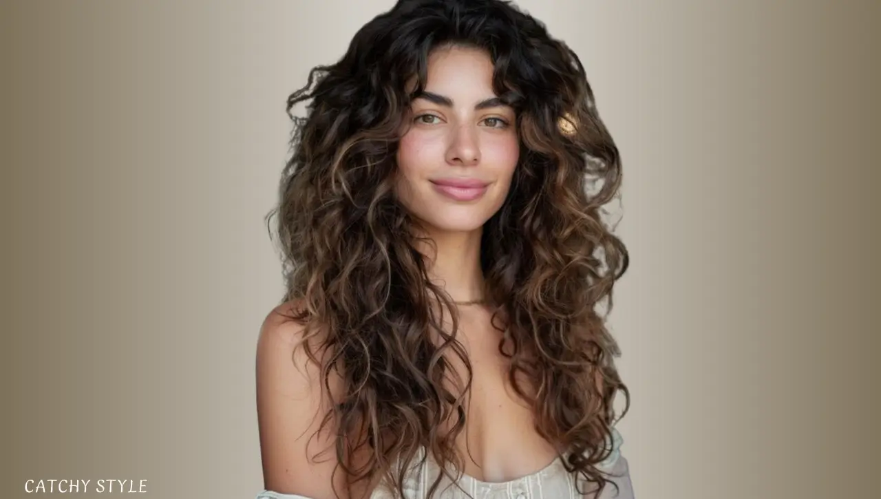 Butterfly haircut with bangs on curly hair for a defined, voluminous shape Butterfly haircut with bangs on curly hair for a defined, voluminous shape