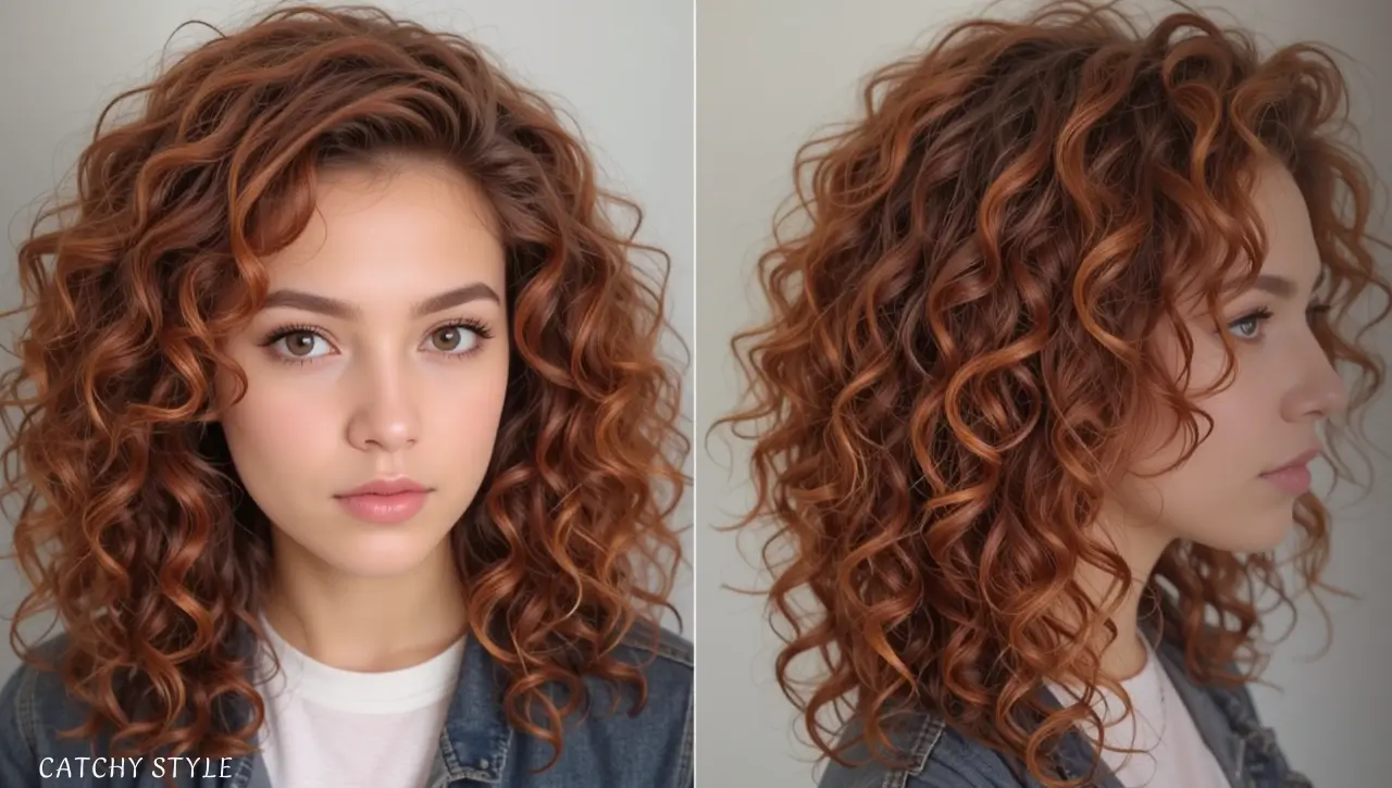 Curly Long Wolf Haircut in Warm Copper Tones Curly Long Wolf Haircut in Warm Copper Tones