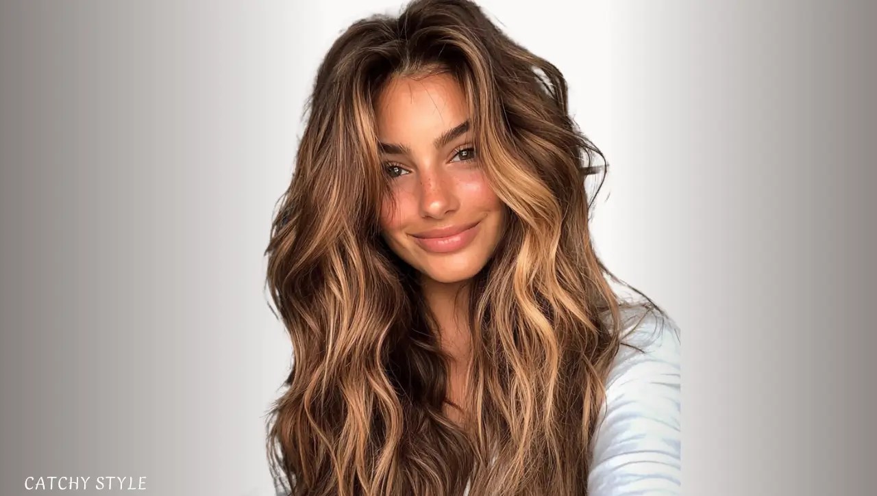 Long Wavy Wolf Haircut with Caramel Highlights Long Wavy Wolf Haircut with Caramel Highlights