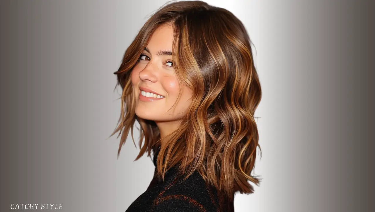 Medium-Length Wavy Wolf Cut in Caramel Brown Medium-Length Wavy Wolf Cut in Caramel Brown