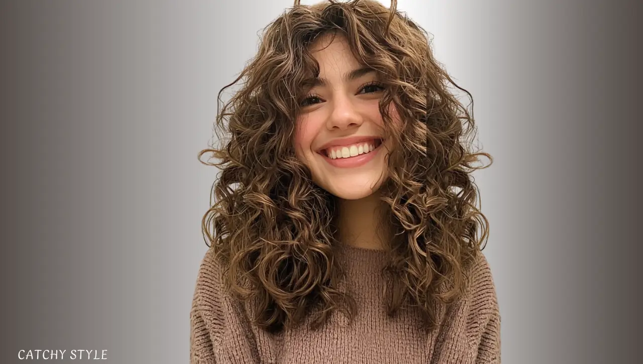 Mid-Length Curly Wolf Cut in Soft Walnut Mid-Length Curly Wolf Cut in Soft Walnut
