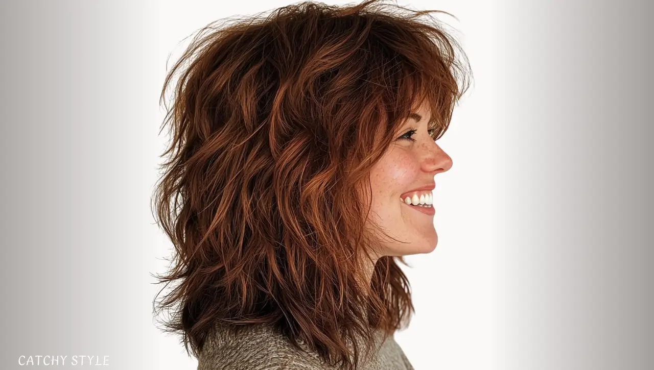Mid-Length Shaggy Wolf Cut in Deep Chestnut Brown Mid-Length Shaggy Wolf Cut in Deep Chestnut Brown