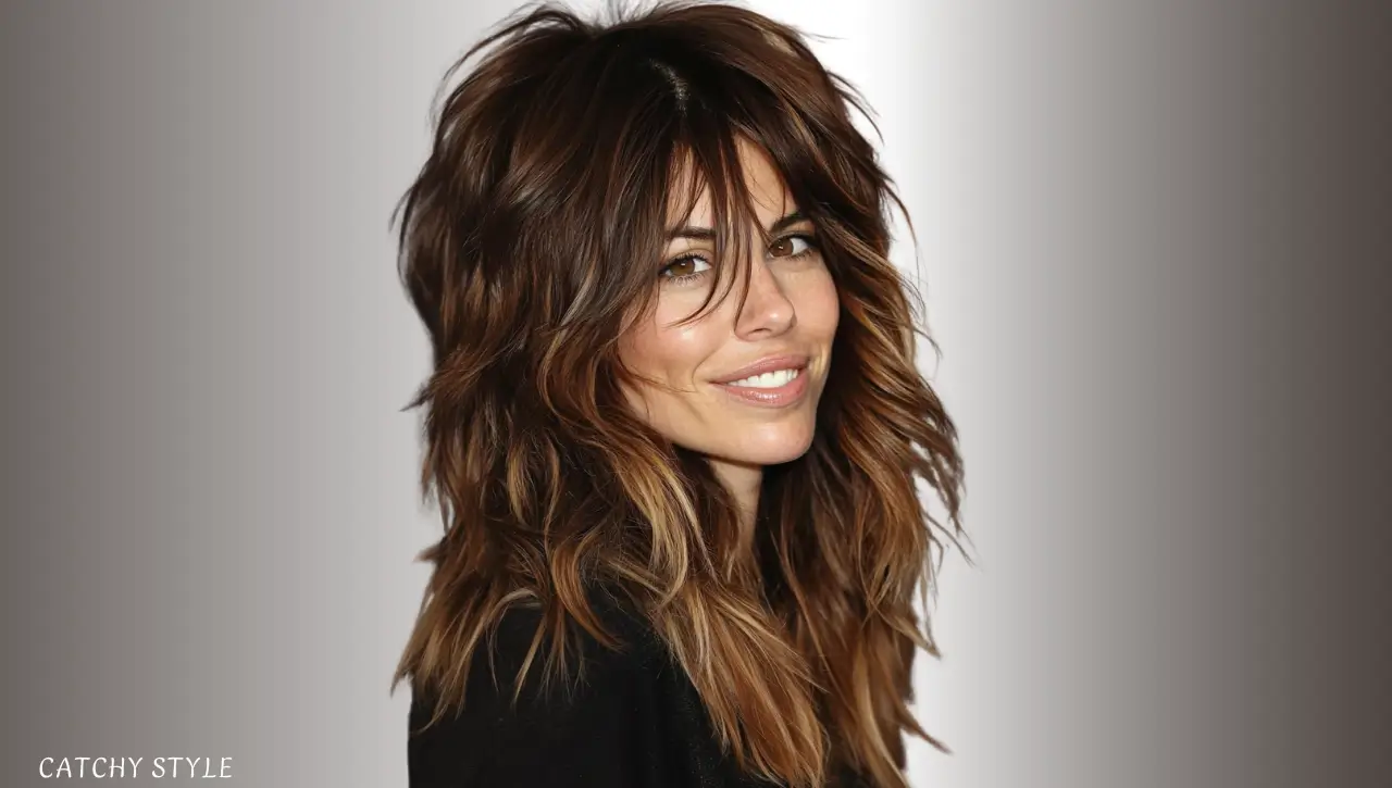 Shaggy Mid-Length Wolf Cut in Cool Chestnut Brown Shaggy Mid-Length Wolf Cut in Cool Chestnut Brown