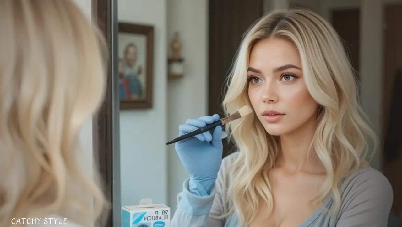 Woman dyeing blonde hair at home using a DIY kit Woman dyeing blonde hair at home using a DIY kit