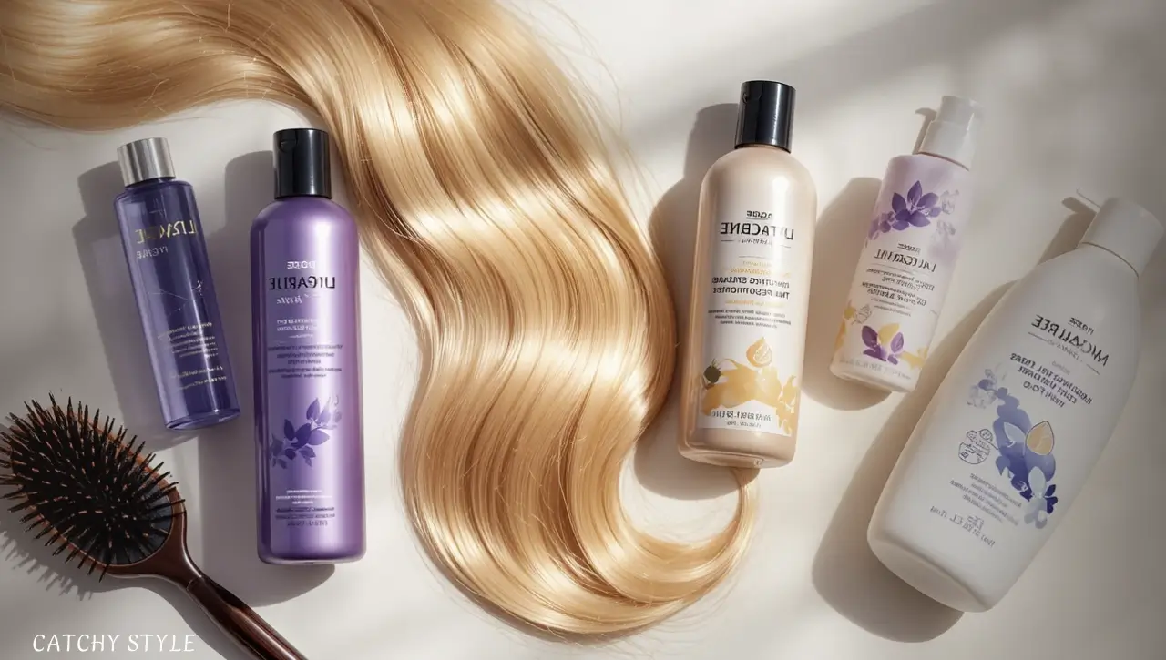 A flat-lay of the best blonde haircare products including sulfate-free shampoo, moisturizing conditioner, purple shampoo, leave-in treatment, and gloss for shiny, healthy hair. A flat-lay of the best blonde haircare products including sulfate-free shampoo, moisturizing conditioner, purple shampoo, leave-in treatment