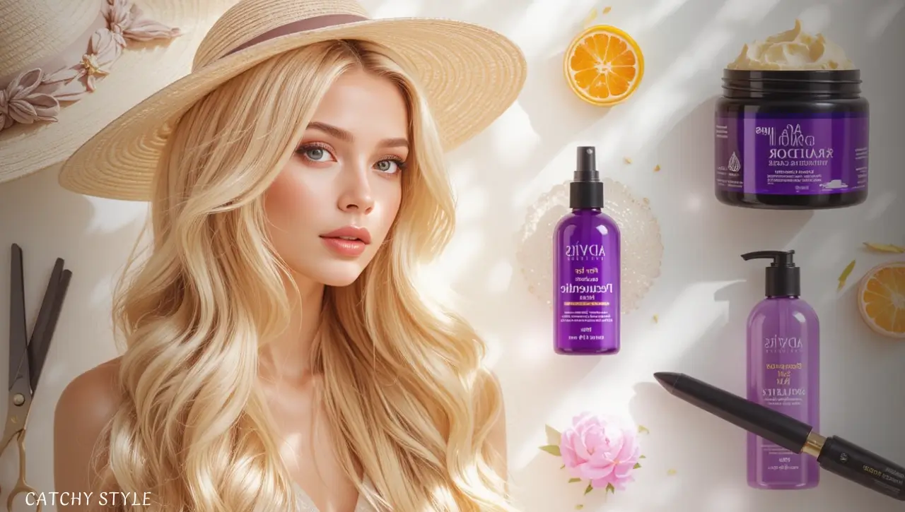 Caring tips for blonde hair with hydration, purple shampoo, heat and sun protection, Caring tips for blonde hair with hydration, purple shampoo, heat and sun protection, and regular trims.