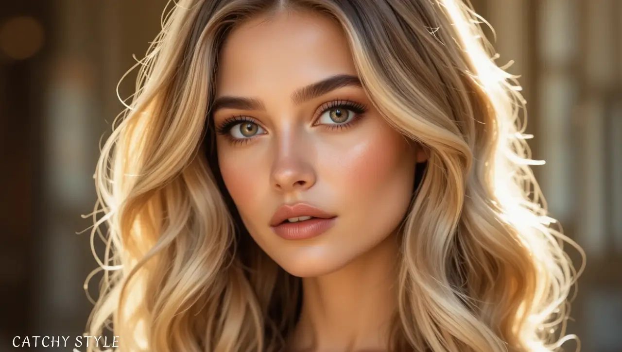Portrait of woman with honey balayage and ombre blonde hair Woman with blonde hair featuring balayage and ombre