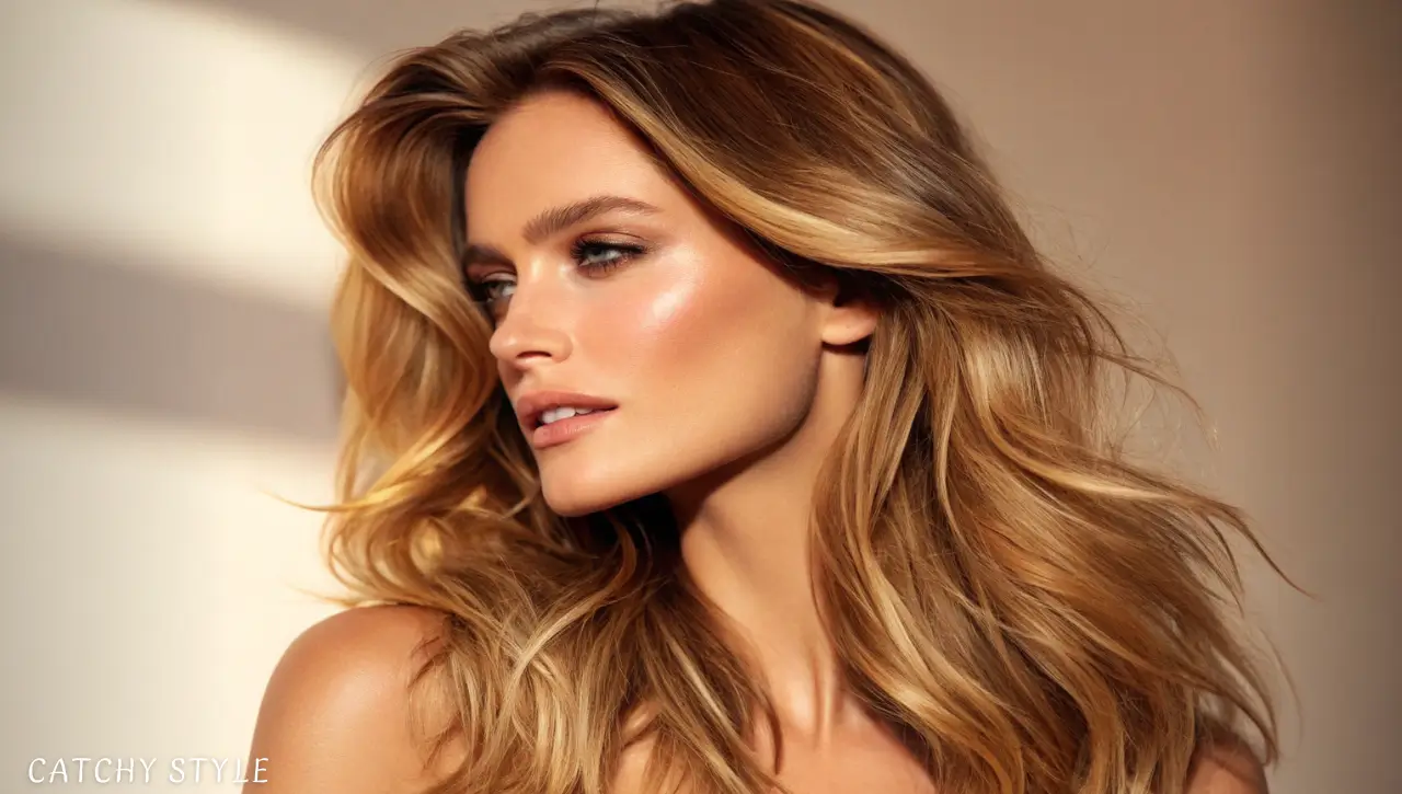 Medium skin woman with honey and golden blonde hair Woman with medium skin and warm blonde hair color