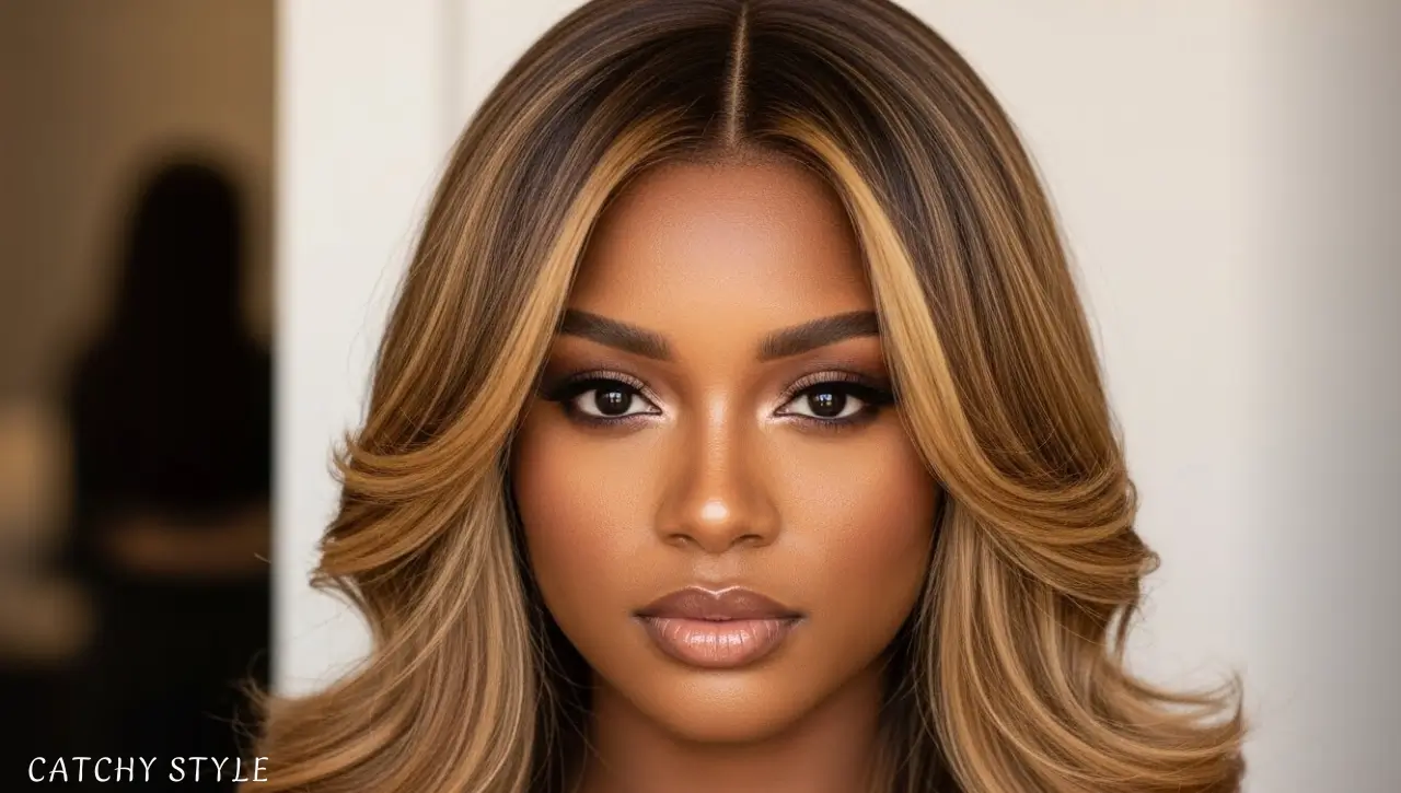 Warm blonde balayage hair for darker skin tones Darker skin woman with warm blonde hair highlights