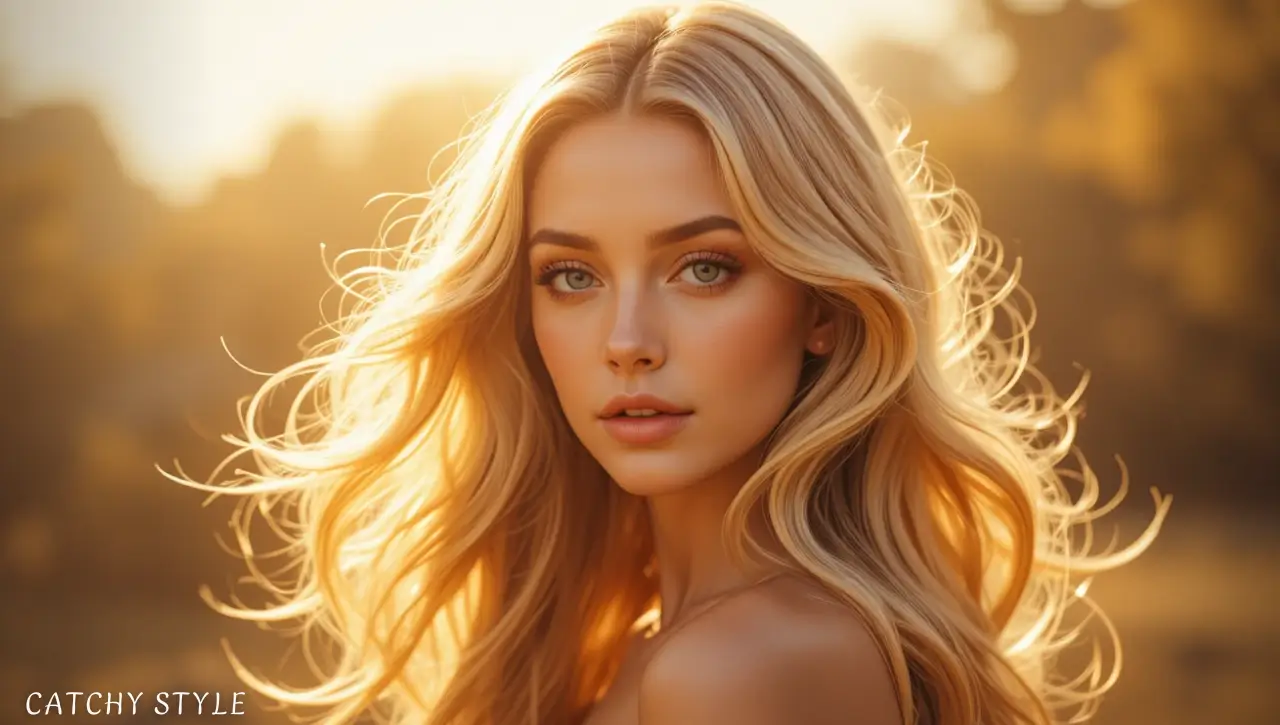 woman with flowing golden blonde hair Woman with warm golden blonde hair and soft waves