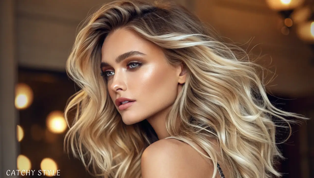 Portrait of woman with stylish blonde highlights and lowlights Woman with blonde hair featuring highlights and lowlights