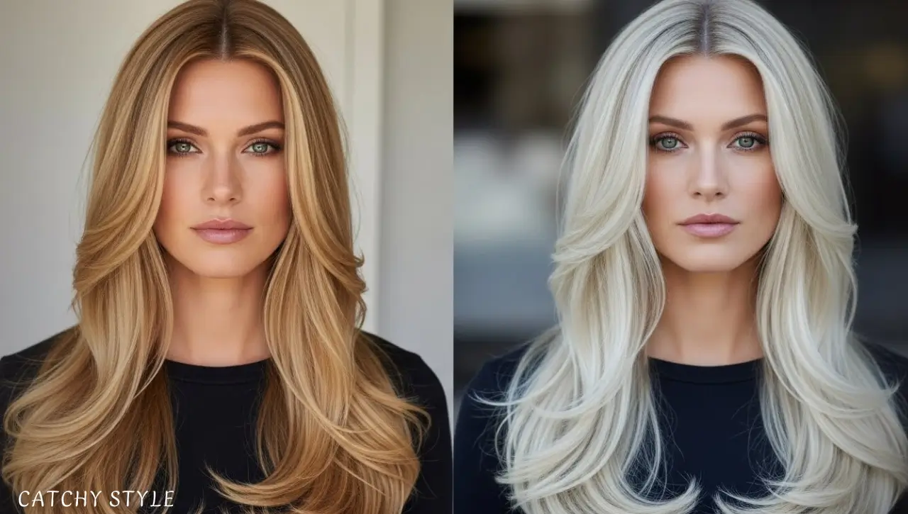 Elegant woman with long blonde hair and soft highlights Woman with long blonde hair and blended highlights