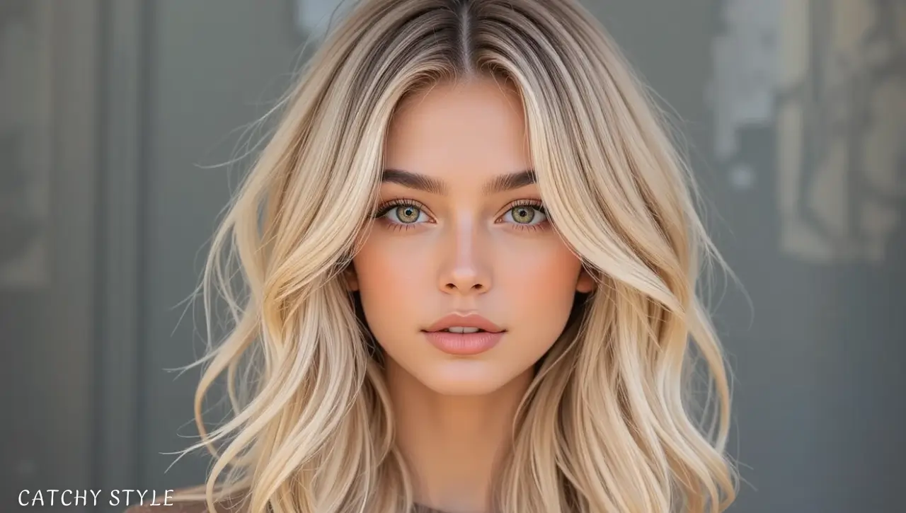 woman with medium-length blonde hair balayage Woman with medium-length blonde hair and balayage