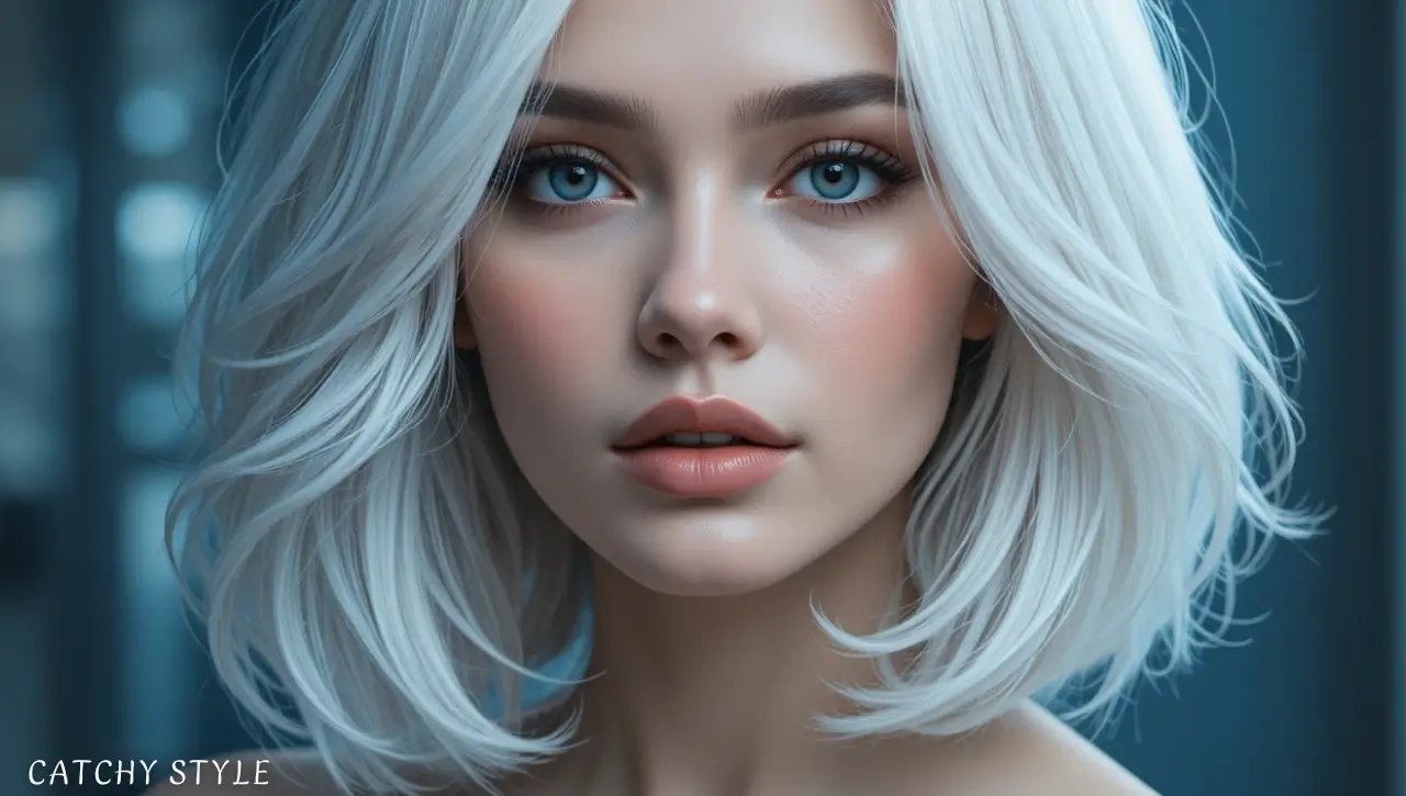 Portrait of a woman with sleek platinum blonde hair Modern woman with icy platinum blonde hair waves