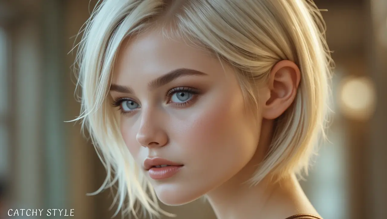 woman with short blonde hair style Woman with a sleek short blonde hairstyle