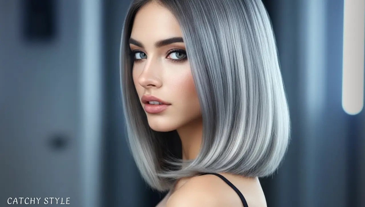 Stylish portrait of woman with modern ash blonde hair Elegant woman with sleek, smoky ash blonde hair