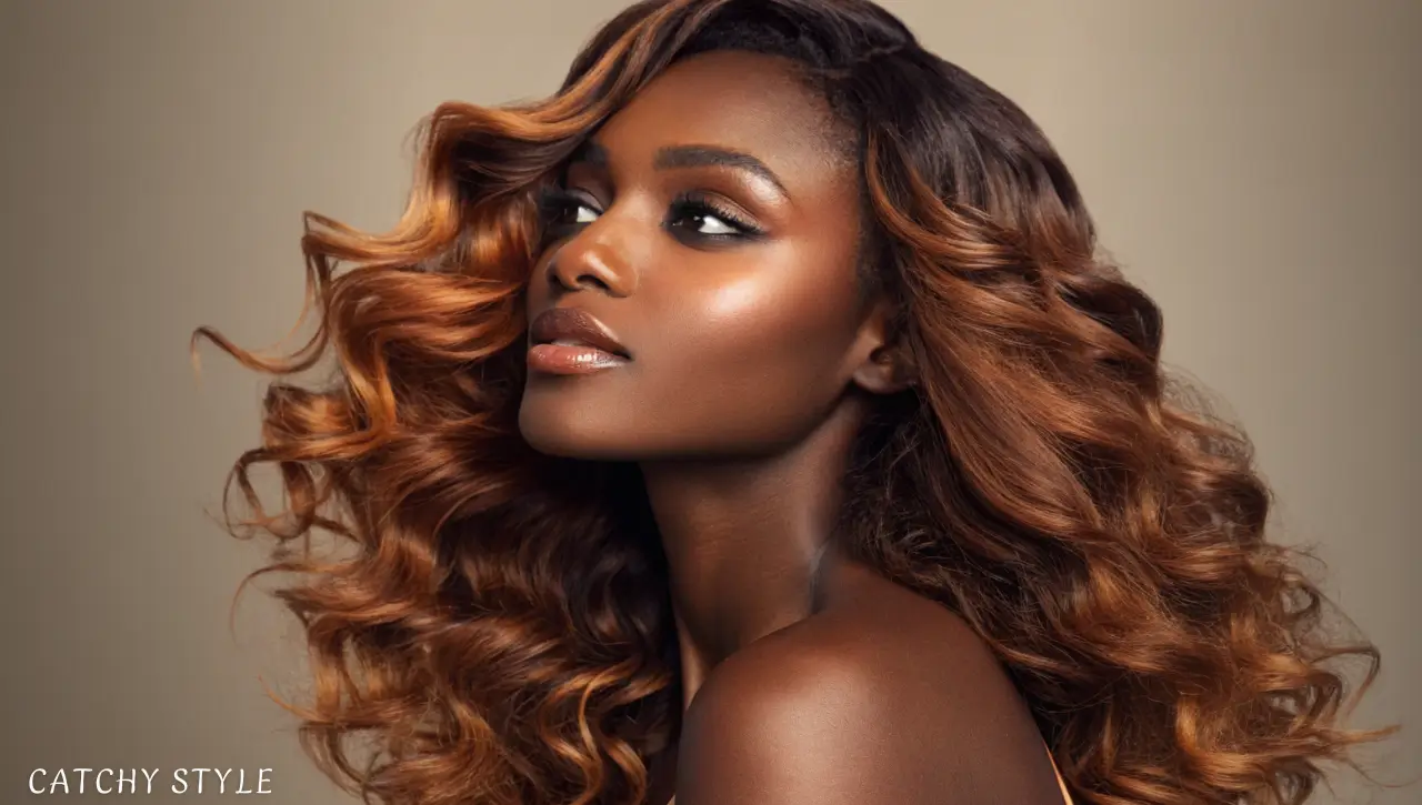 Ginger Ribbon Bronze Balayage Ideas for Dark Skin Women Dark-skinned woman with ginger ribbon bronze balayage