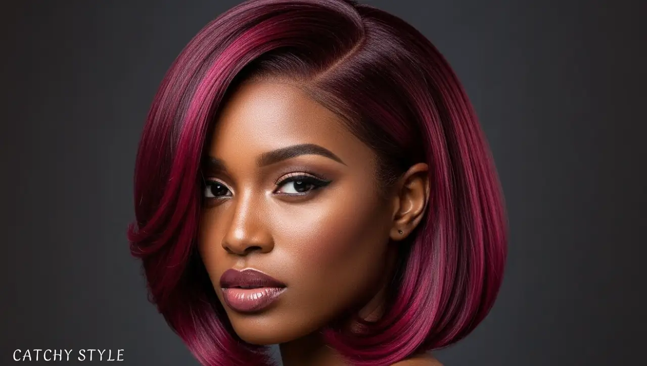 Bold Warm Burgundy and Magenta Hair Ideas for Dark Skin Dark-skinned woman with warm burgundy magenta hair