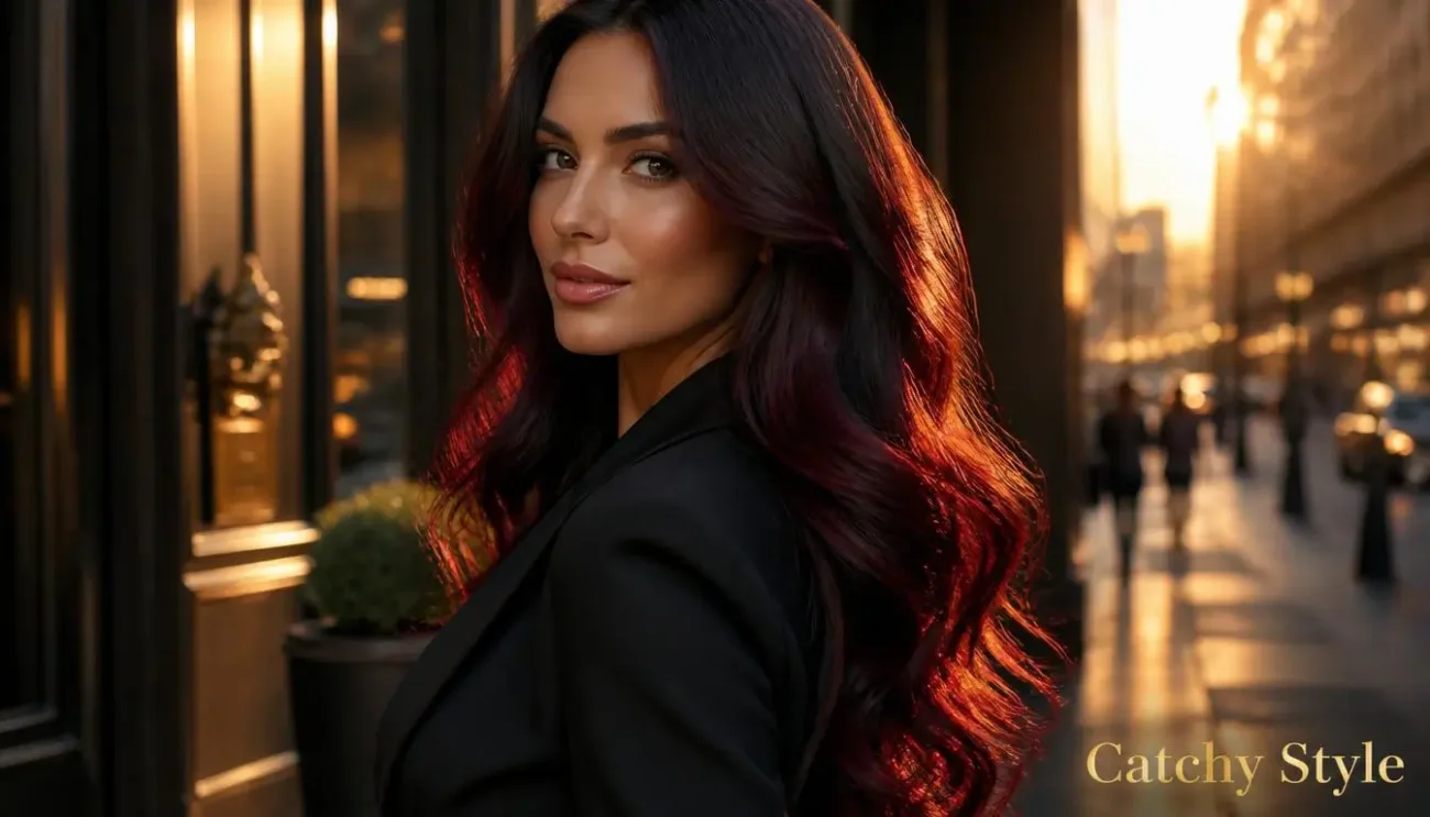 Glossy dark hair with rich red-violet dimension Black cherry hair Color with deep red-violet glossy tones