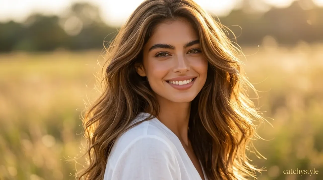 Elegant Golden Brown Hair Ideas for a Youthful Glow Golden brown hairstyle with luminous sunny reflections