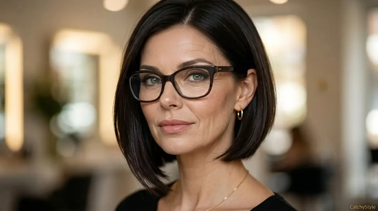 Woman over 50 with glasses and an angled bob haircut Angled Bob Hairstyles for Over 50 With Glasses No Bangs