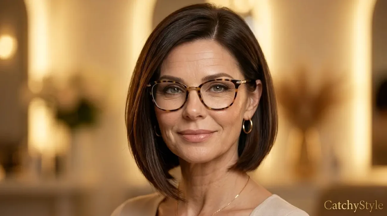 Woman over 50 with glasses and angled bob for round face Flattering Angled Bob for Round Faces Over 50 With Glasses