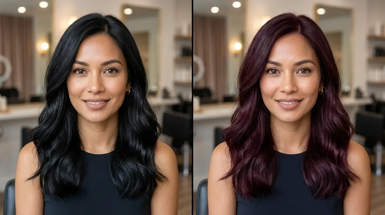 Before and after black hair transformed to deep red