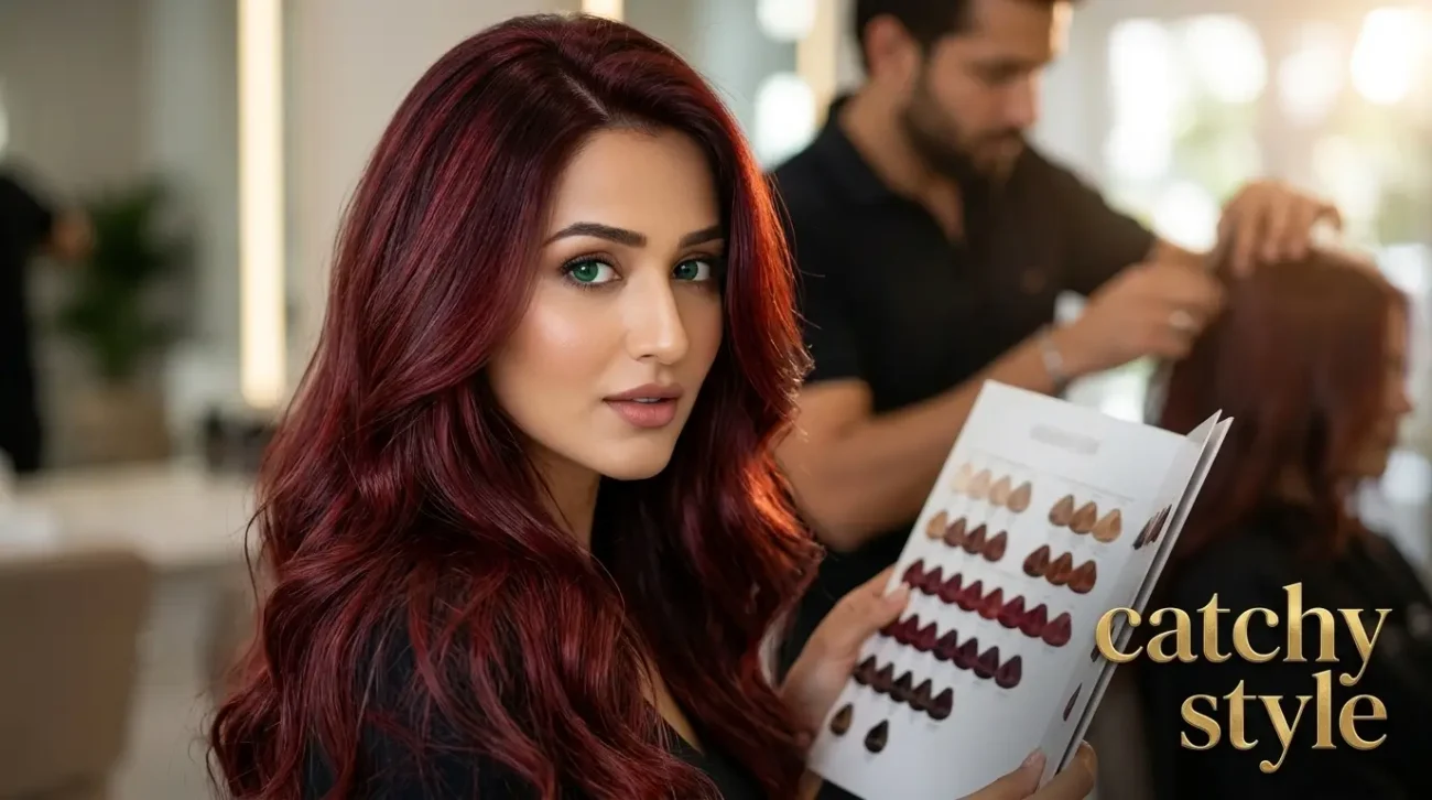 Top Hair Color Shades That Highlight Natural Green Eyes Green eyes enhanced by burgundy and wine red hair