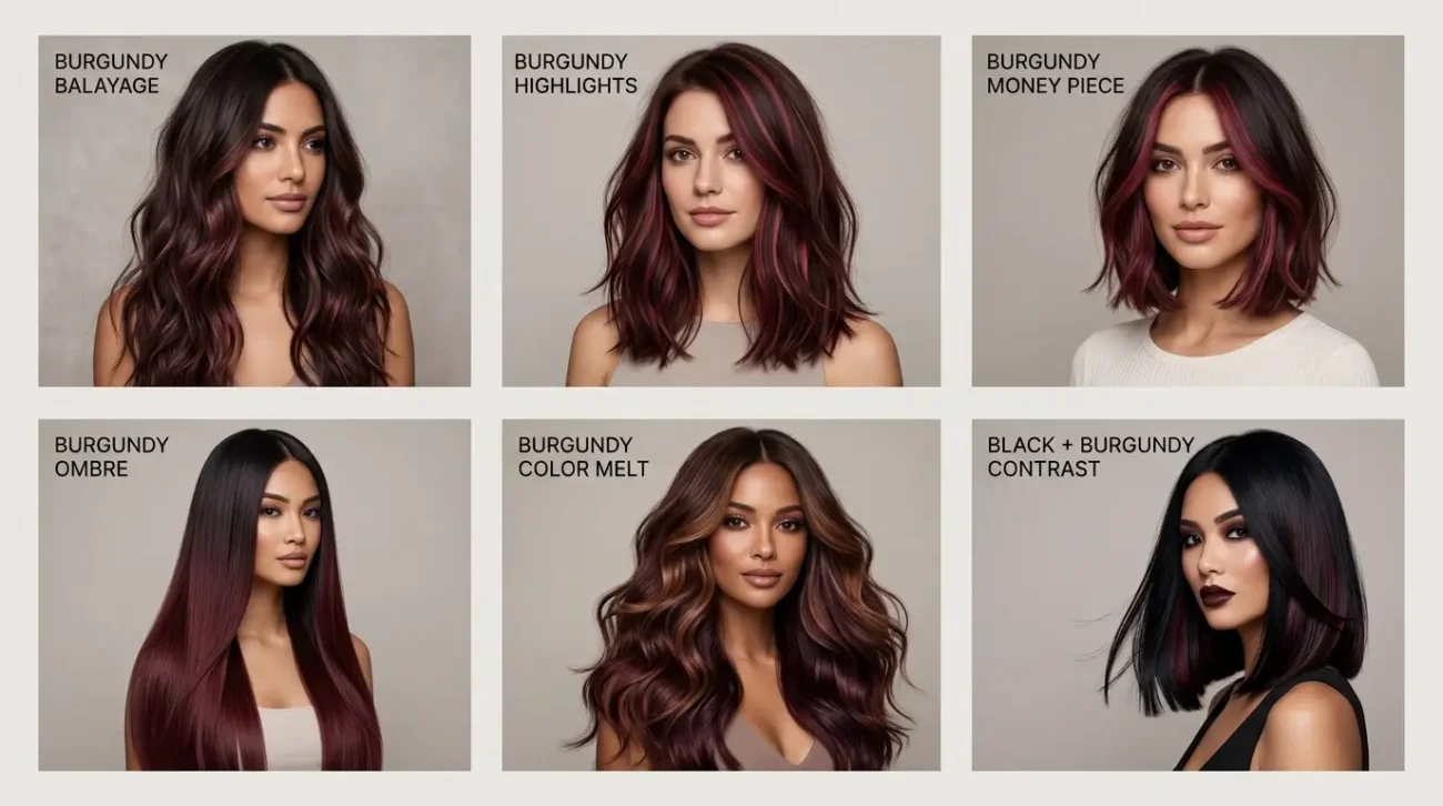 Burgundy Hair Color Ideas from Balayage to Color Melt Burgundy hair color ideas infographic showing different styles