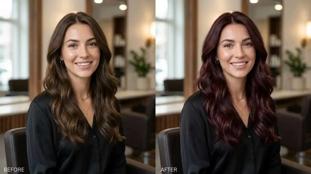 Burgundy Hair Color on Brown Hair with Wine Brunette Result Burgundy hair color on brown hair wine brunette transformation