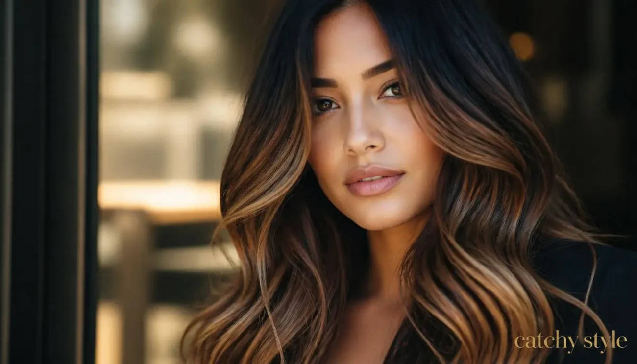 Beautiful Caramel Balayage Transformation on Black Hair Woman with black hair and warm caramel balayage waves