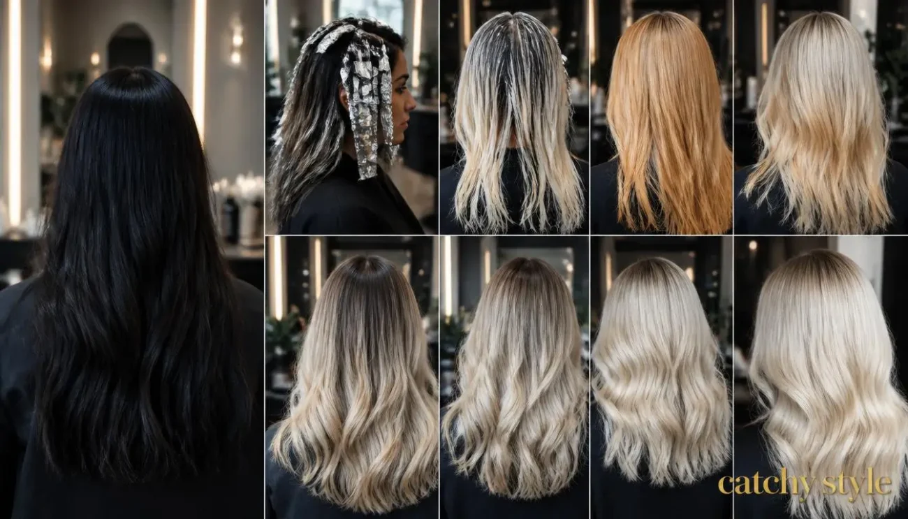 Hair color from black to blonde done in gradual safe steps Step by step safe lightening from black to blonde hai