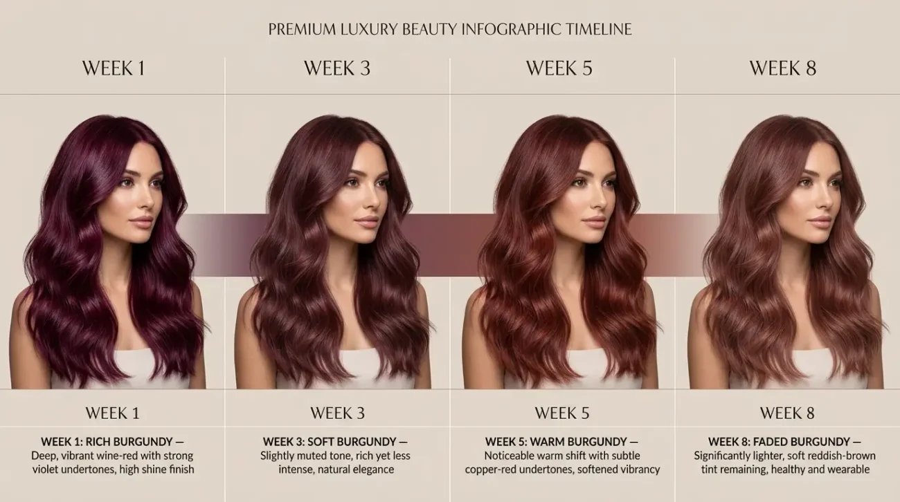 Burgundy Hair Color Fade Timeline from Week 1 to Week 8 Burgundy hair color fade timeline from rich to faded tones
