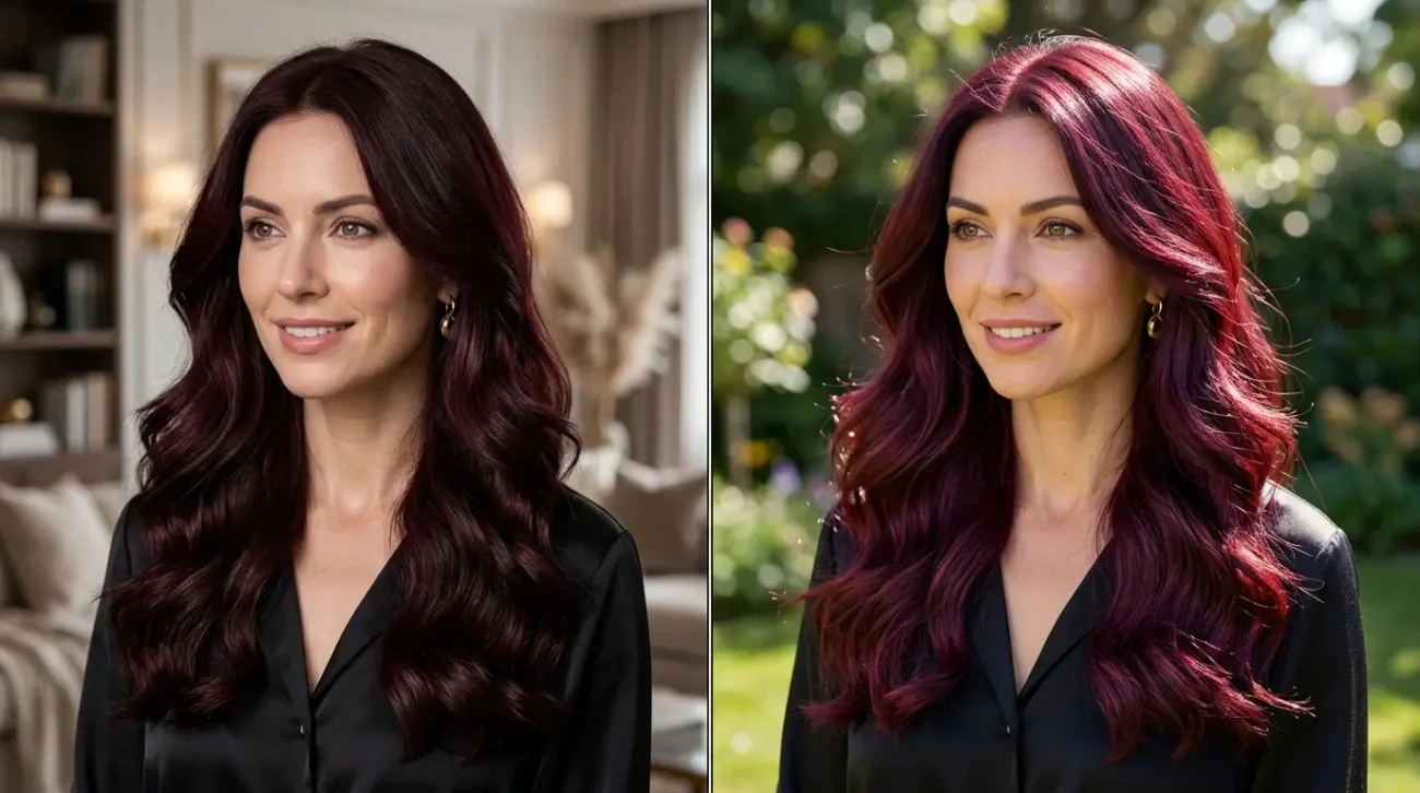 See How Lighting Transforms Hair Color and Dimension Same hair shade displayed under indoor and outdoor light