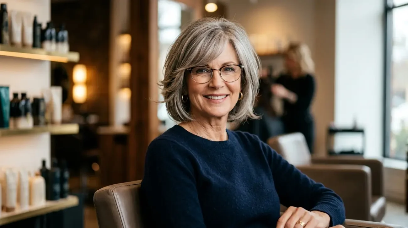Woman over 50 with glasses and a layered bob with bangs Layered Bob Hairstyles for Over 50 With Glasses and Bangs